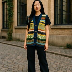 Vintage Together Sweater Vest Womens Lg Striped Knitted‎ Cabincore Grandmacore